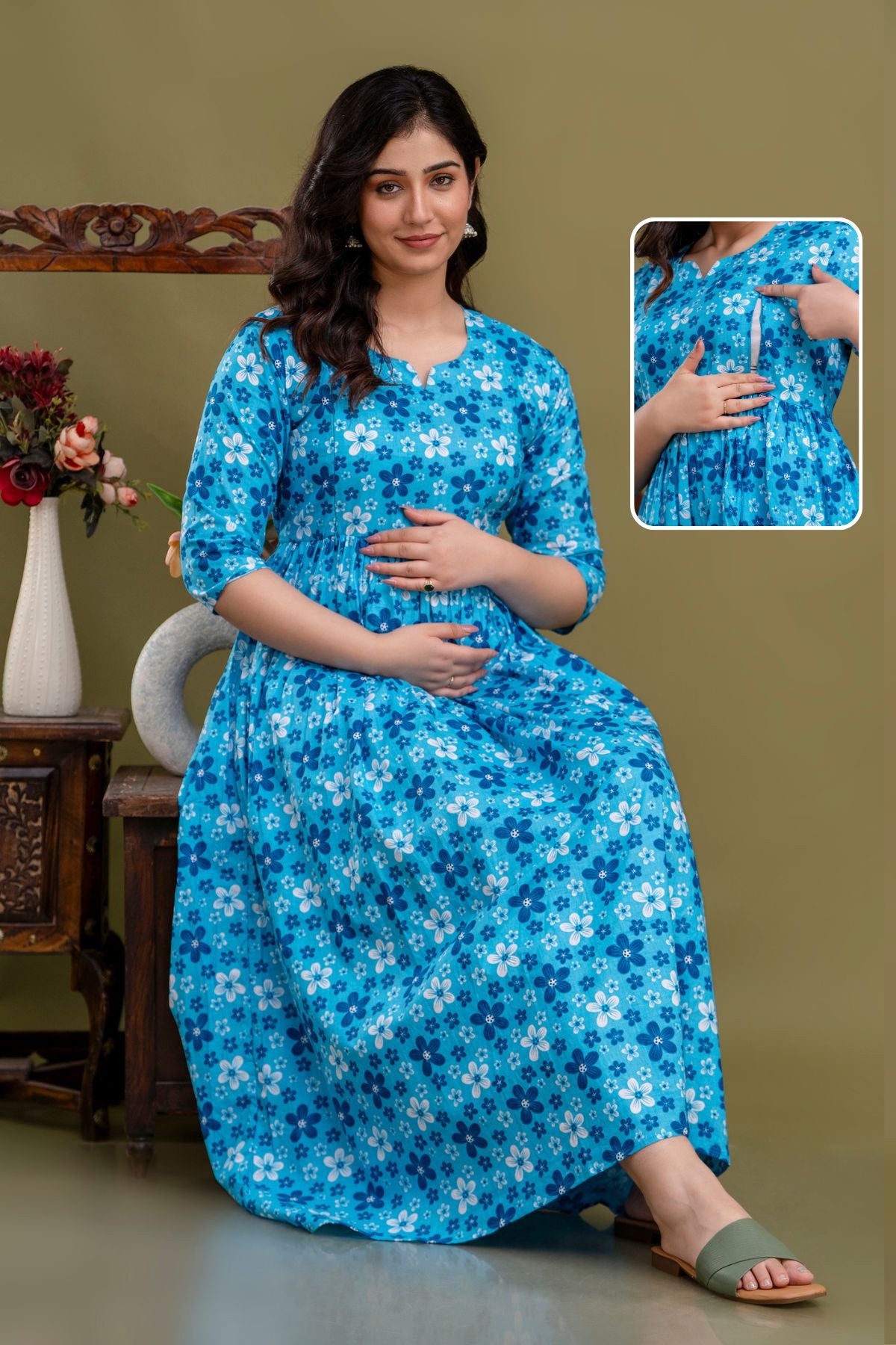 Pure Cotton Maternity Dress With Both-Side Hidden Zip  - Blue