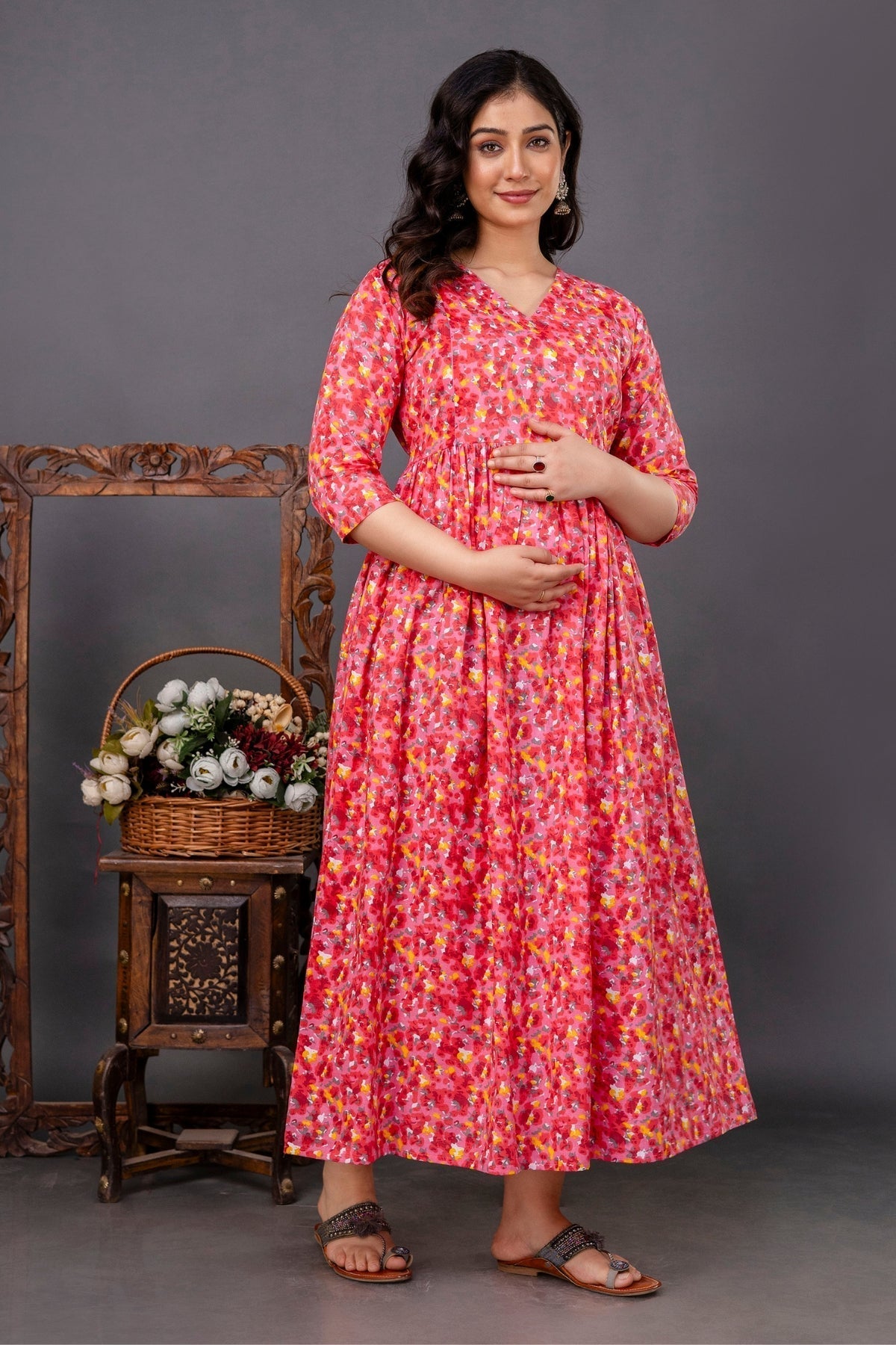 Pure Cotton Maternity Dress With Both-Side Hidden Zip  - Pink Style