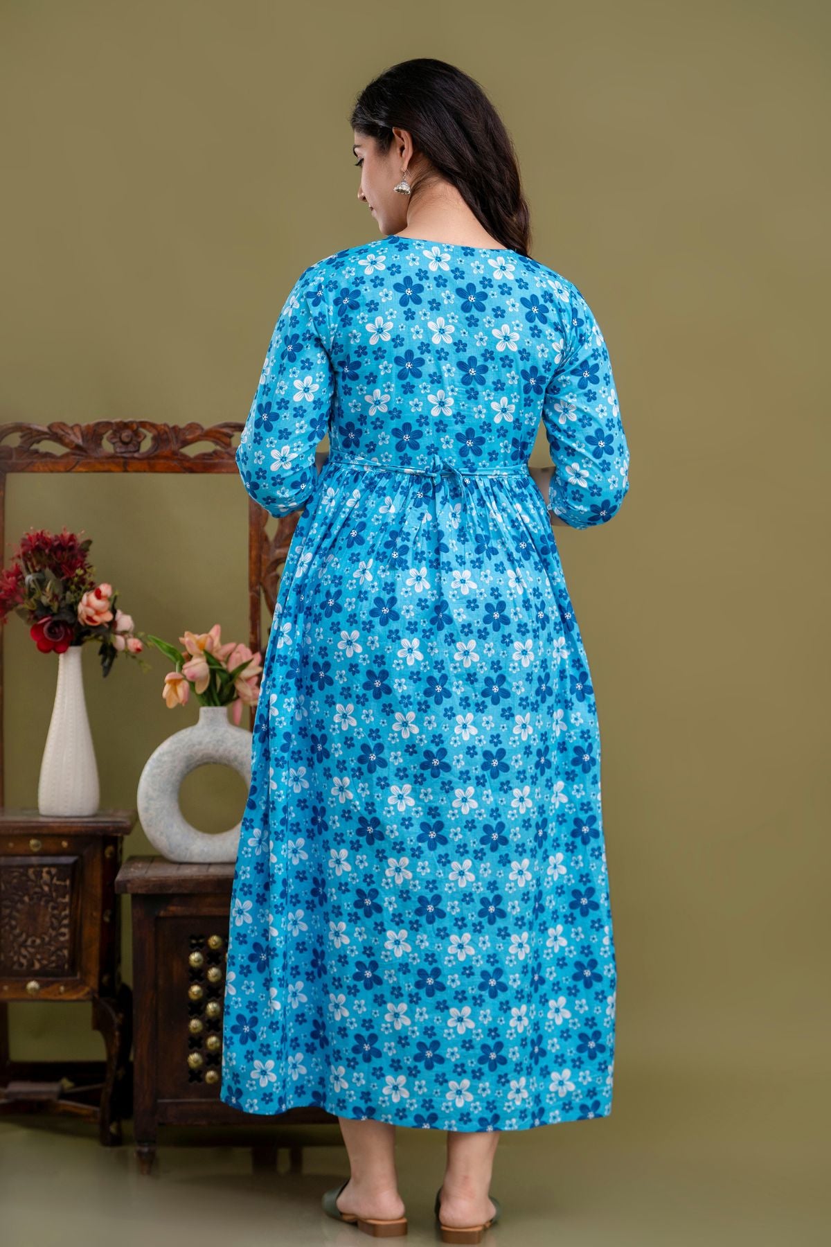 Pure Cotton Maternity Dress With Both-Side Hidden Zip  - Blue