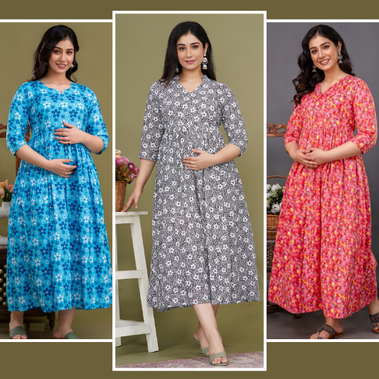 Pure Cotton Maternity Dress With Both-Side Hidden Zip  - Combo