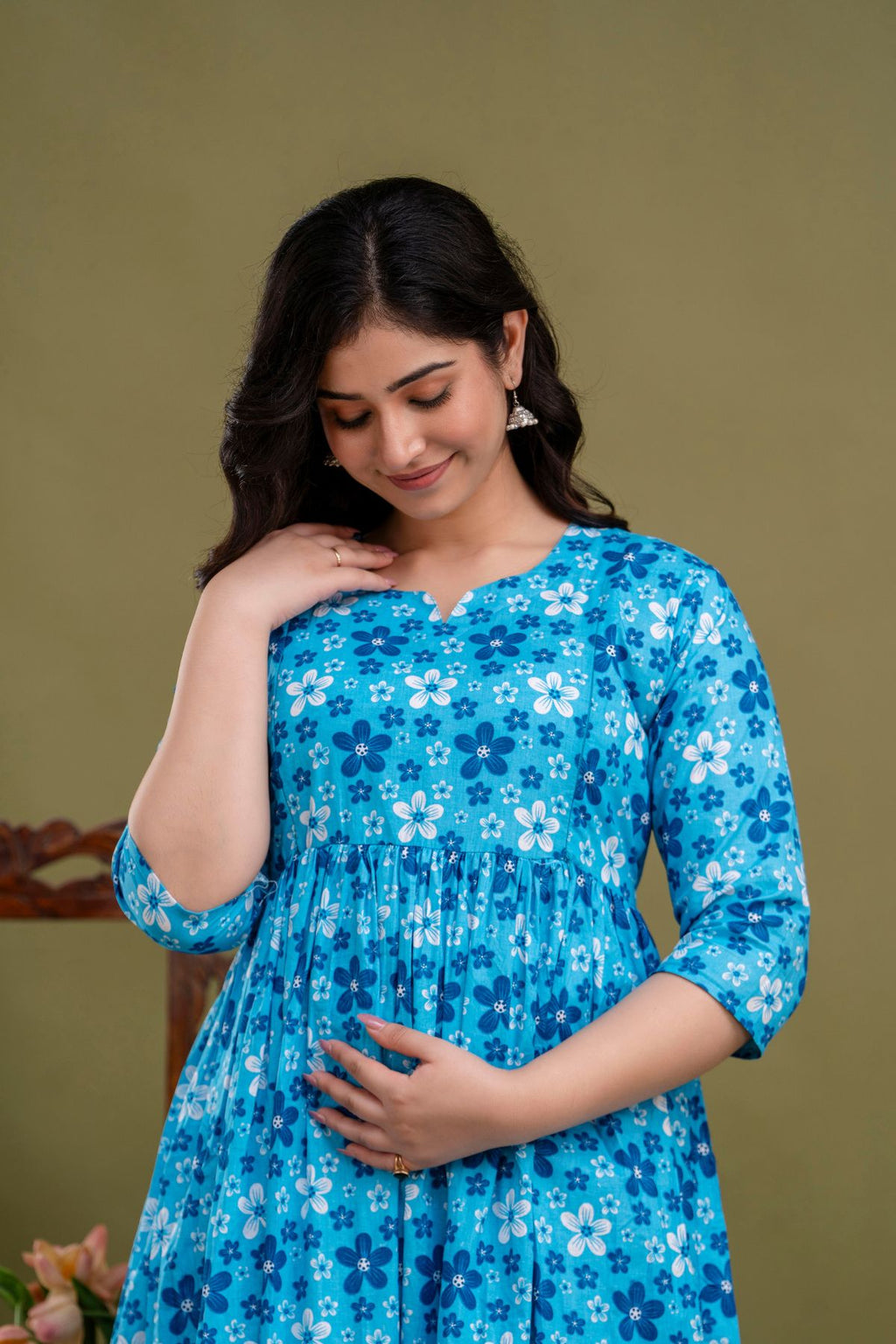 Pure Cotton Maternity Dress With Both-Side Hidden Zip  - Blue