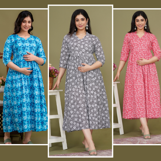 Pure Cotton Maternity Dress With Both-Side Hidden Zip  - Combo ocean|black|red