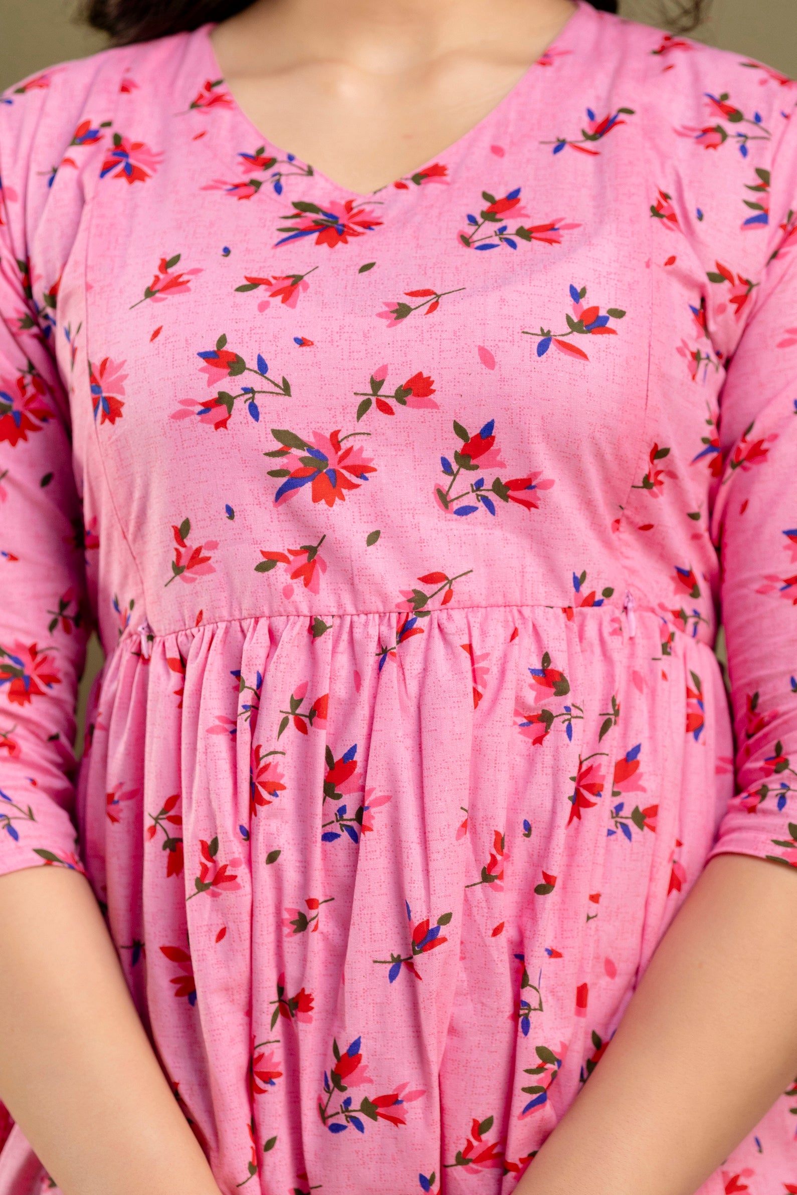 Pure Cotton Maternity Dress With Both-Side Hidden Zip  - Pink Floral