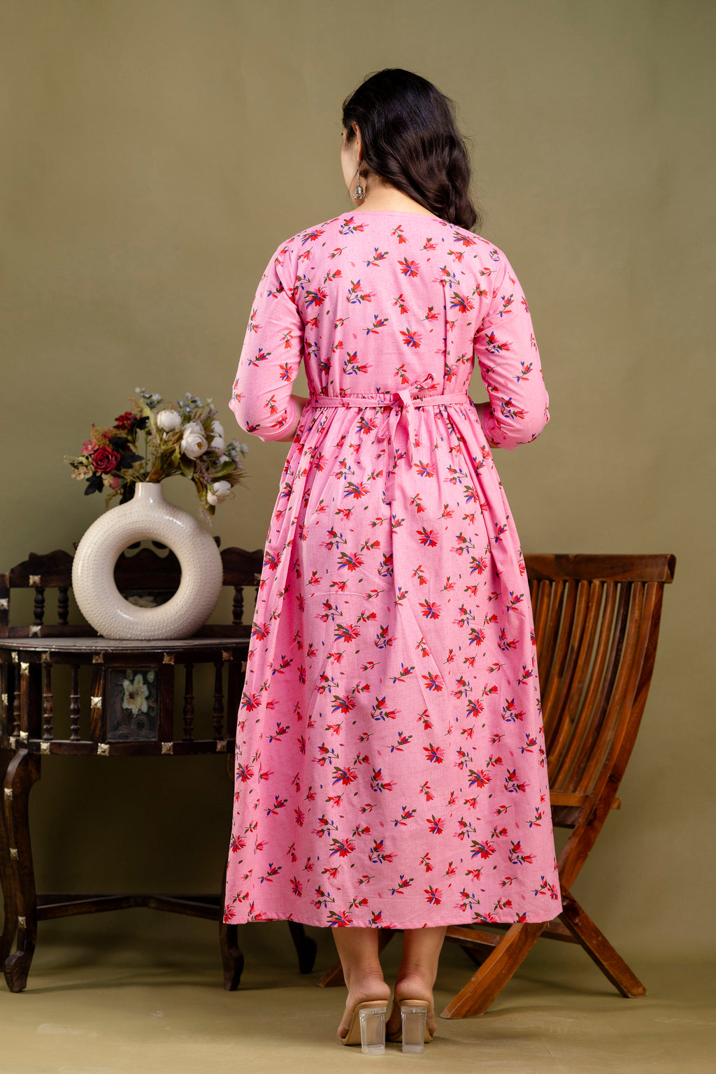 Pure Cotton Maternity Dress With Both-Side Hidden Zip  - Pink Floral