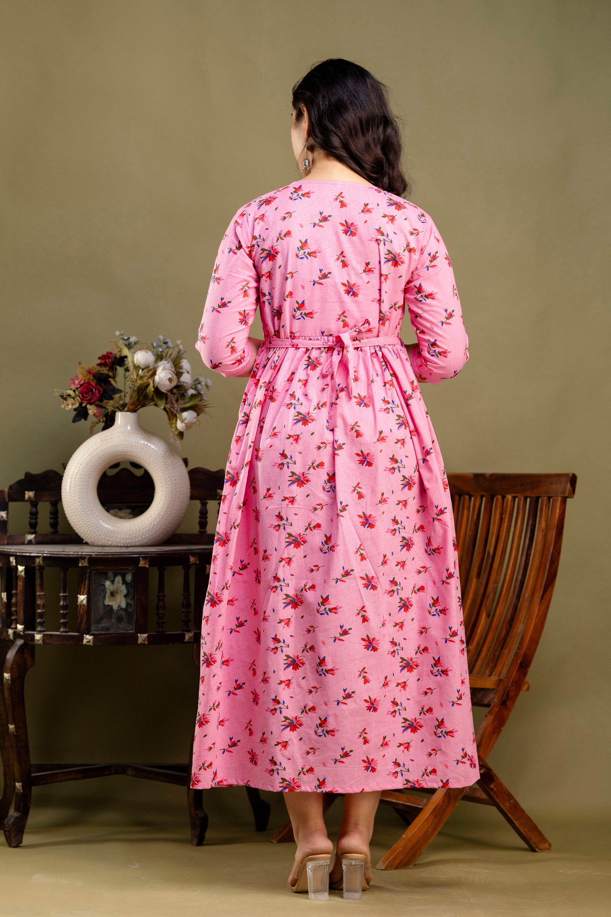 Pure Cotton Maternity Dress With Both-Side Hidden Zip  - Pink Floral