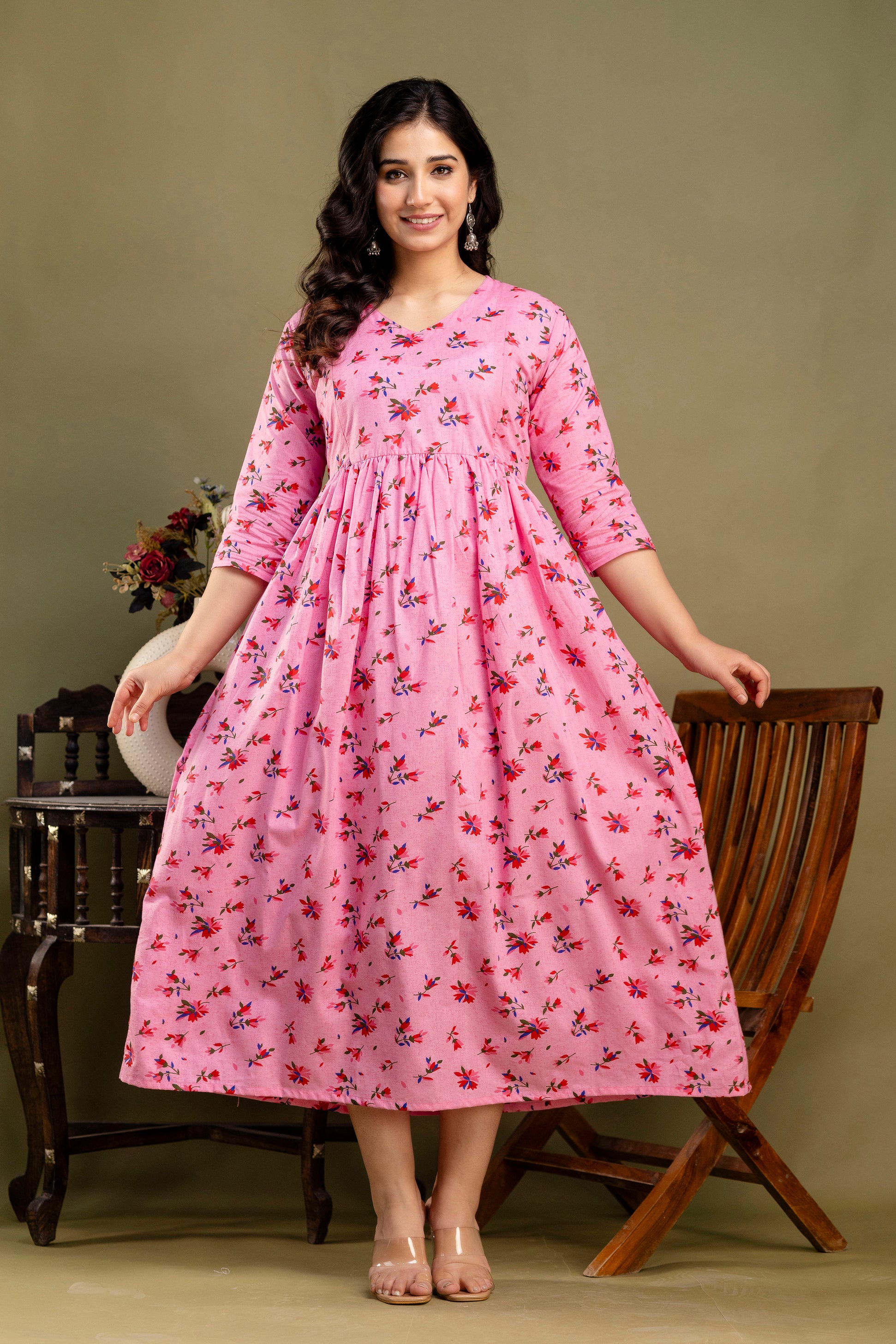Pure Cotton Maternity Dress With Both-Side Hidden Zip  - Pink Floral