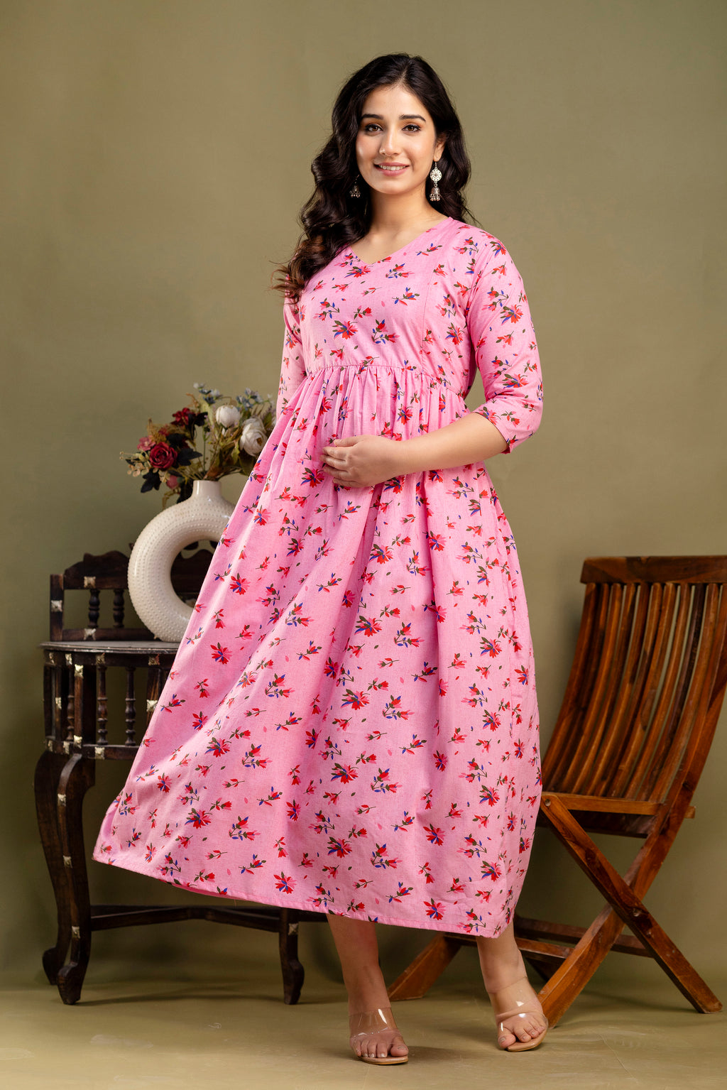 Pure Cotton Maternity Dress With Both-Side Hidden Zip  - Pink Floral