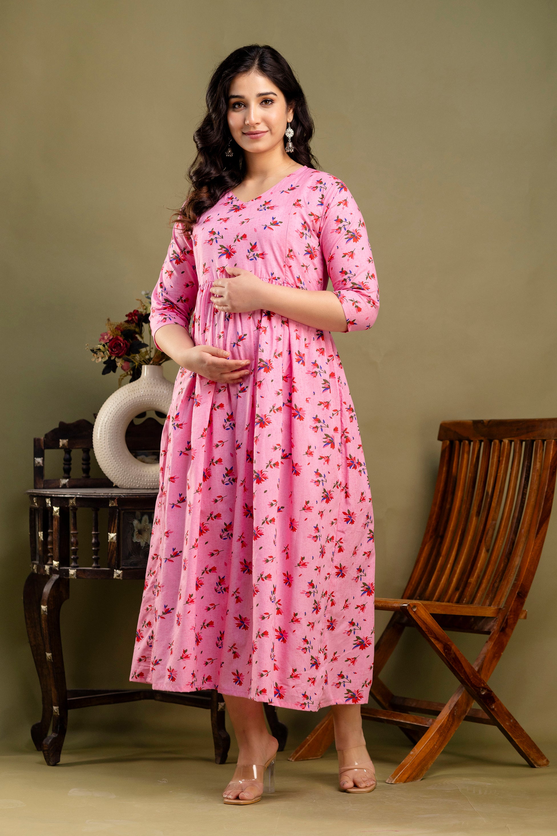 Pure Cotton Maternity Dress With Both-Side Hidden Zip  - Pink Floral