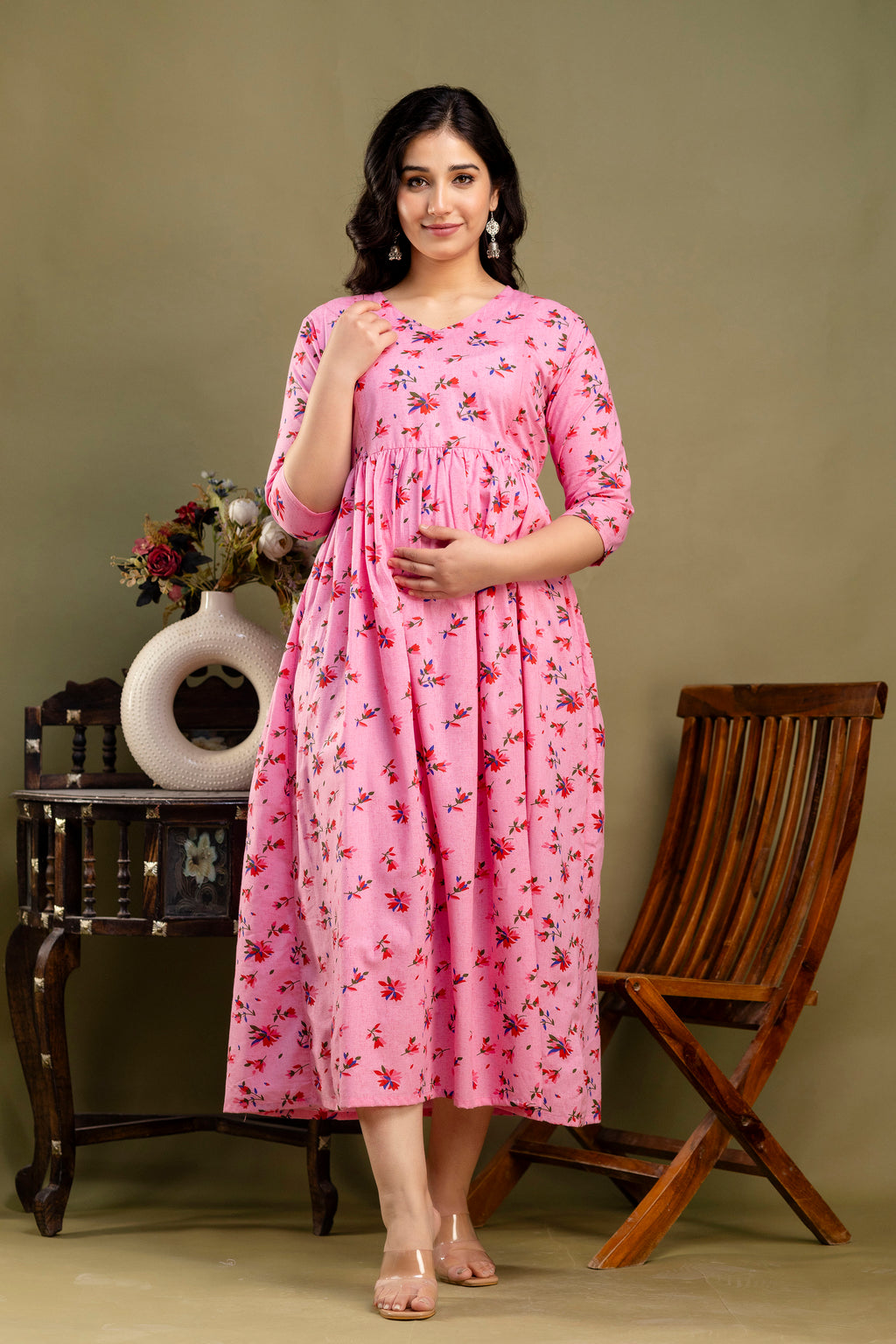 Pure Cotton Maternity Dress With Both-Side Hidden Zip  - Pink Floral