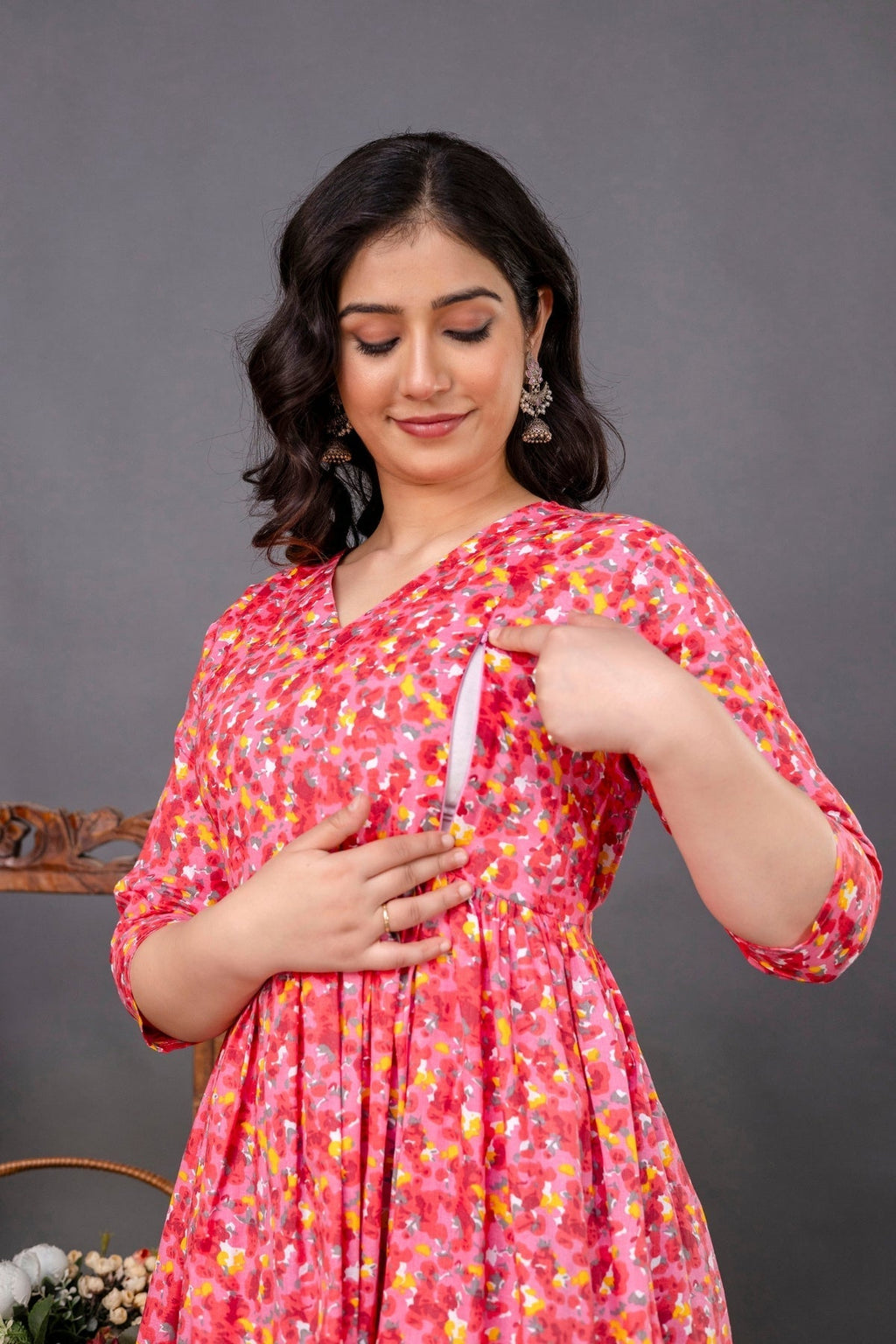 Pure Cotton Maternity Dress With Both-Side Hidden Zip  - Pink Style