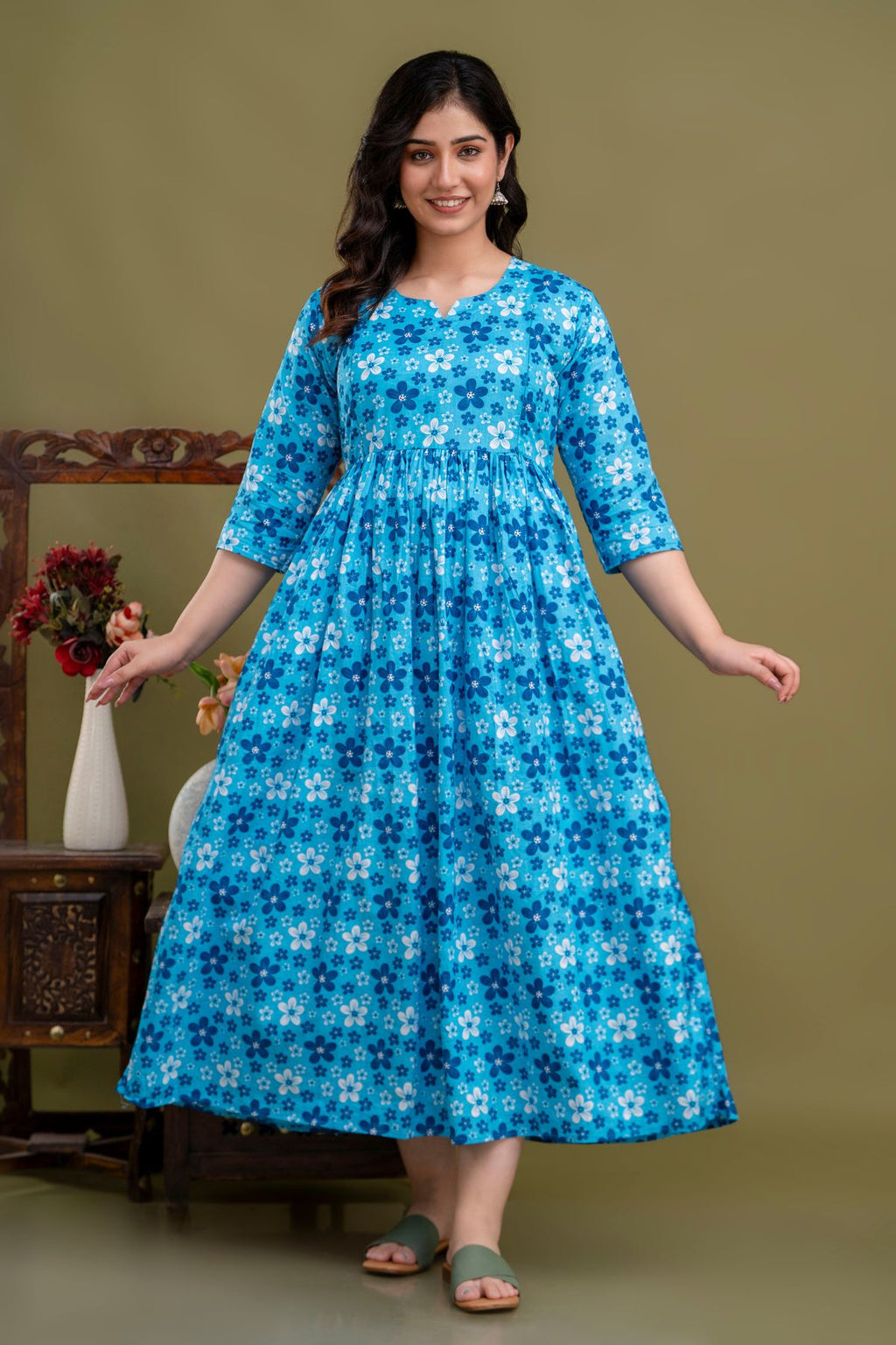 Pure Cotton Maternity Dress With Both-Side Hidden Zip  - Blue