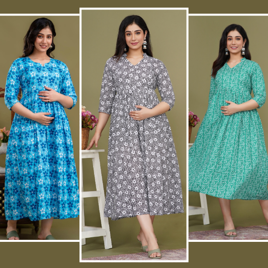 Pure Cotton Maternity Dress With Both-Side Hidden Zip  - Combo ocean|black|green