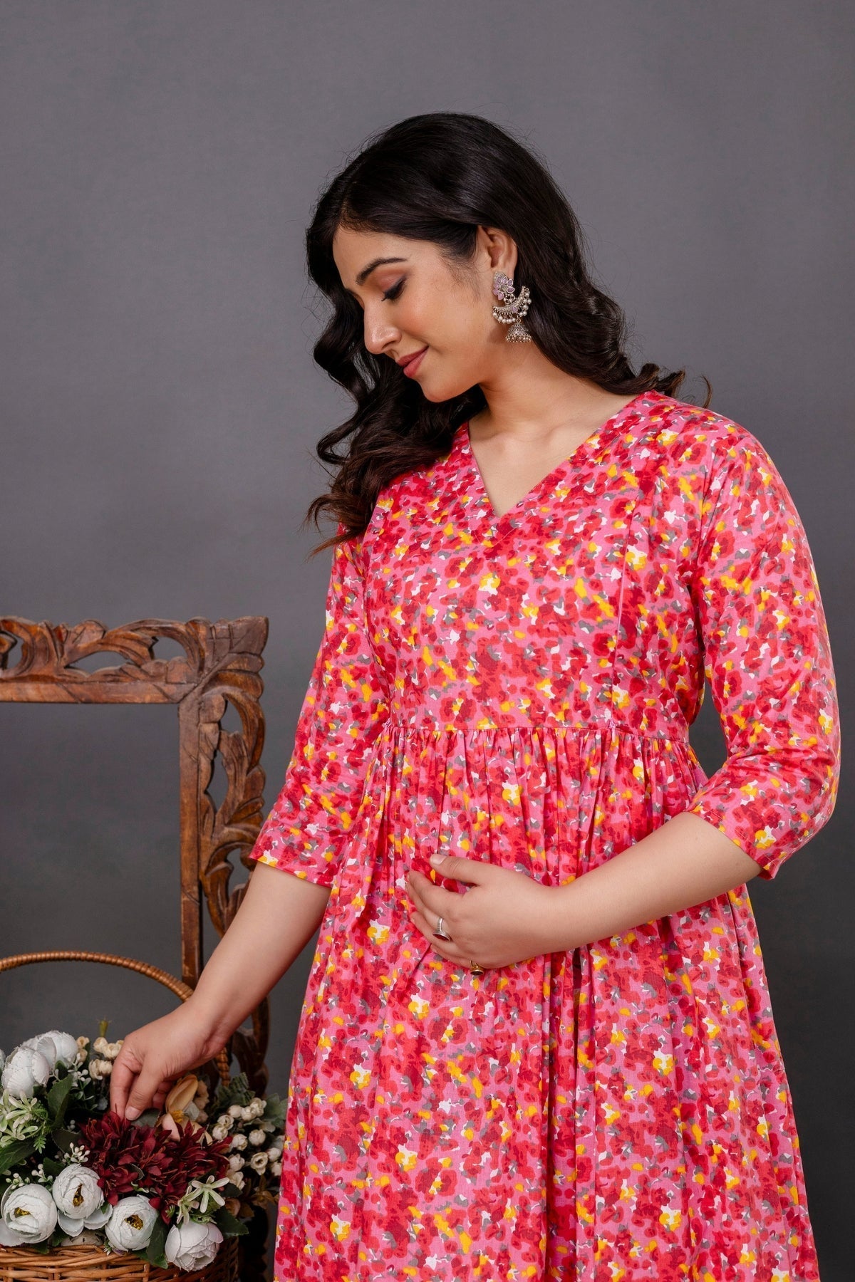 Pure Cotton Maternity Dress With Both-Side Hidden Zip  - Pink Style