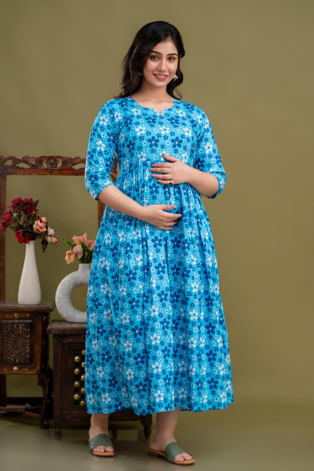 Pure Cotton Maternity Dress With Both-Side Hidden Zip  - Blue