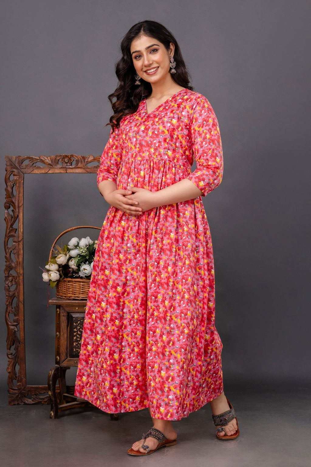 Pure Cotton Maternity Dress With Both-Side Hidden Zip  - Pink Style