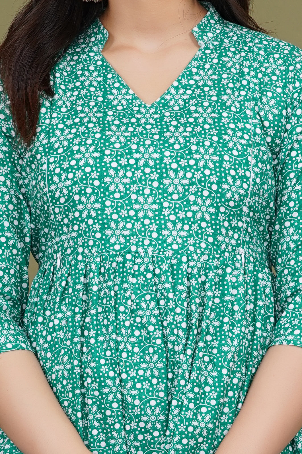 Pure Cotton Maternity Dress With Both-Side Hidden Zip  - Green