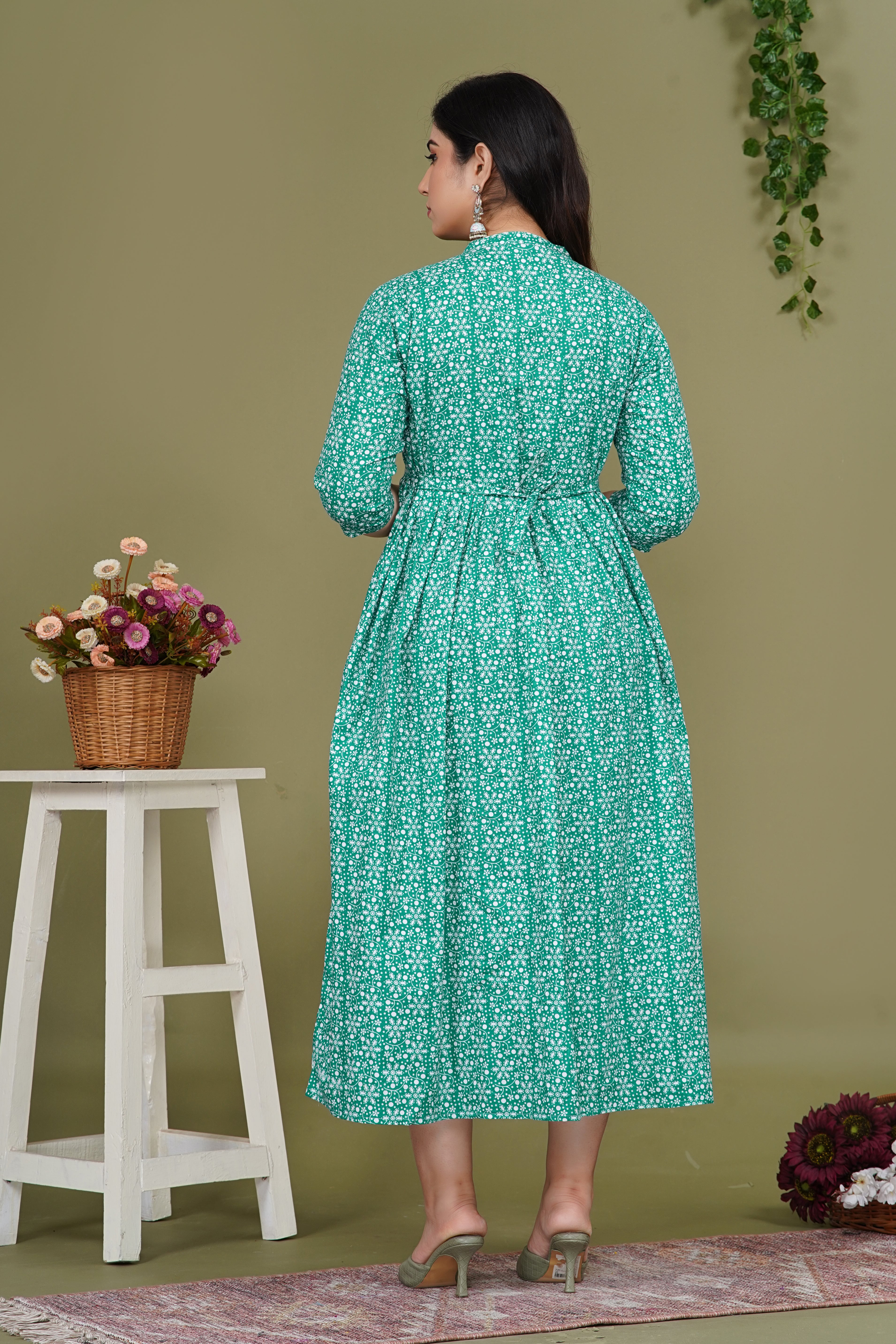 Pure Cotton Maternity Dress With Both-Side Hidden Zip  - Green