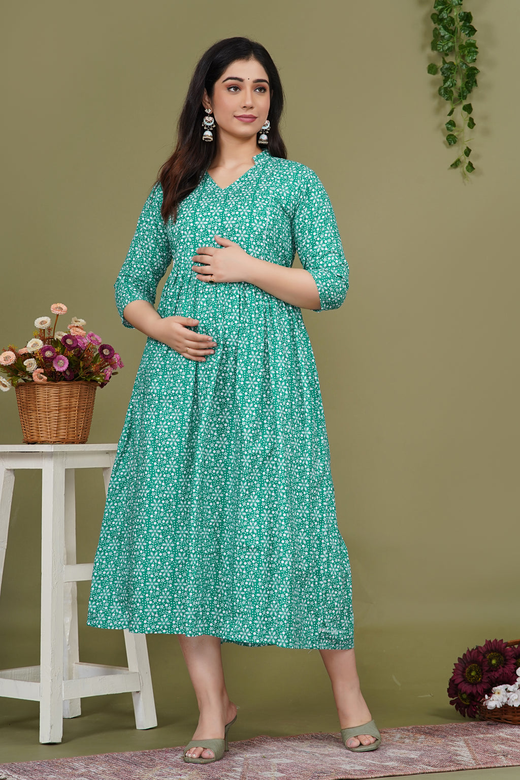 Pure Cotton Maternity Dress With Both-Side Hidden Zip  - Green