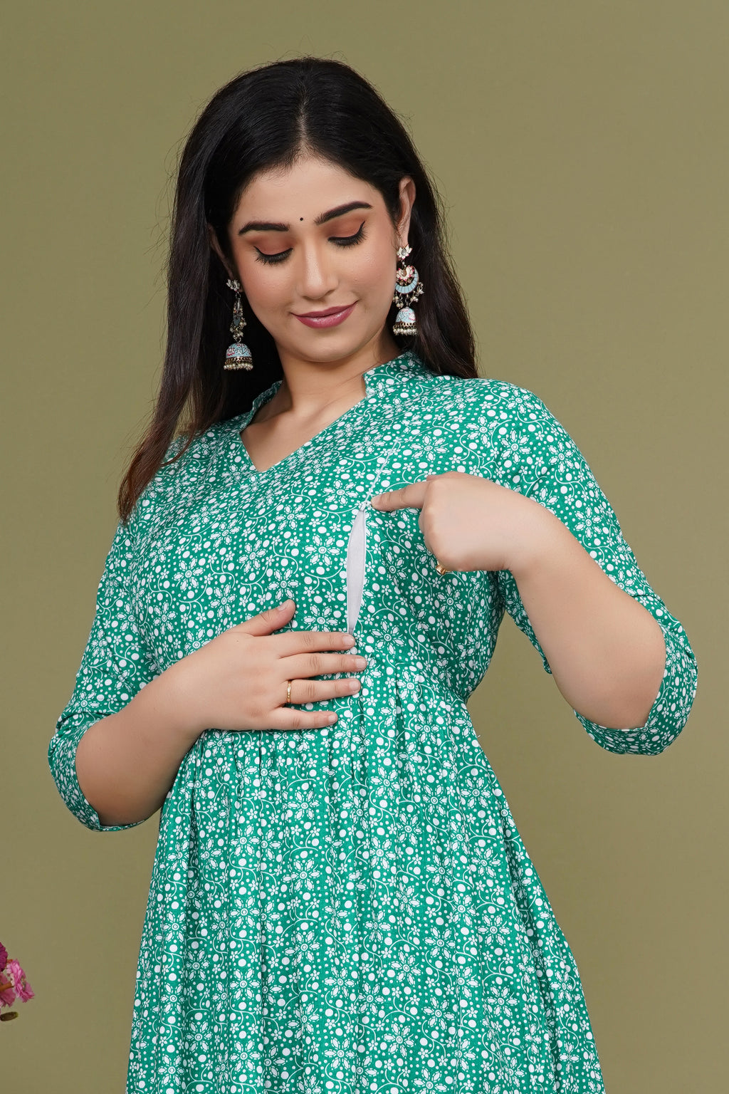 Pure Cotton Maternity Dress With Both-Side Hidden Zip  - Green