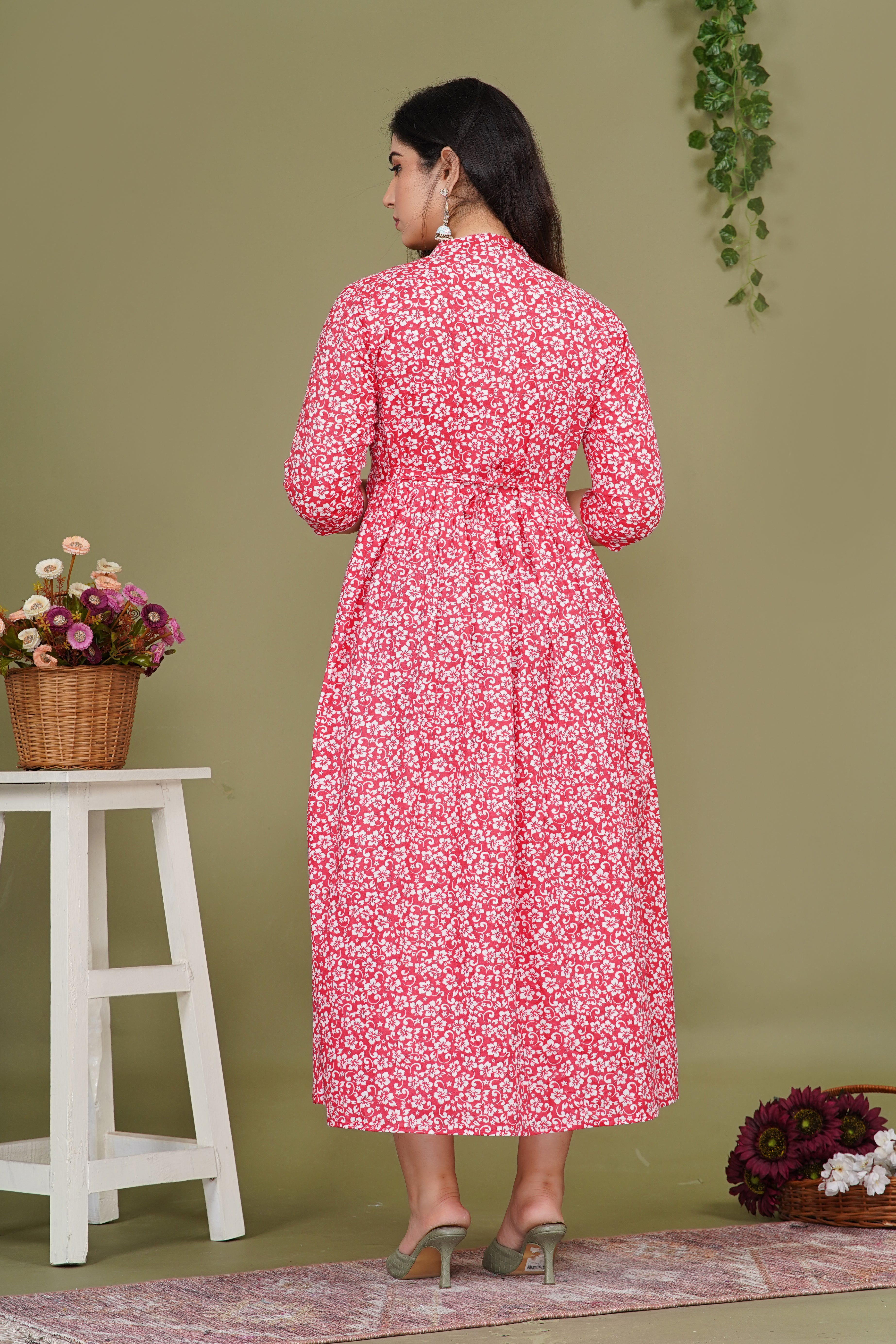 Pure Cotton Maternity Dress With Both-Side Hidden Zip  - Red