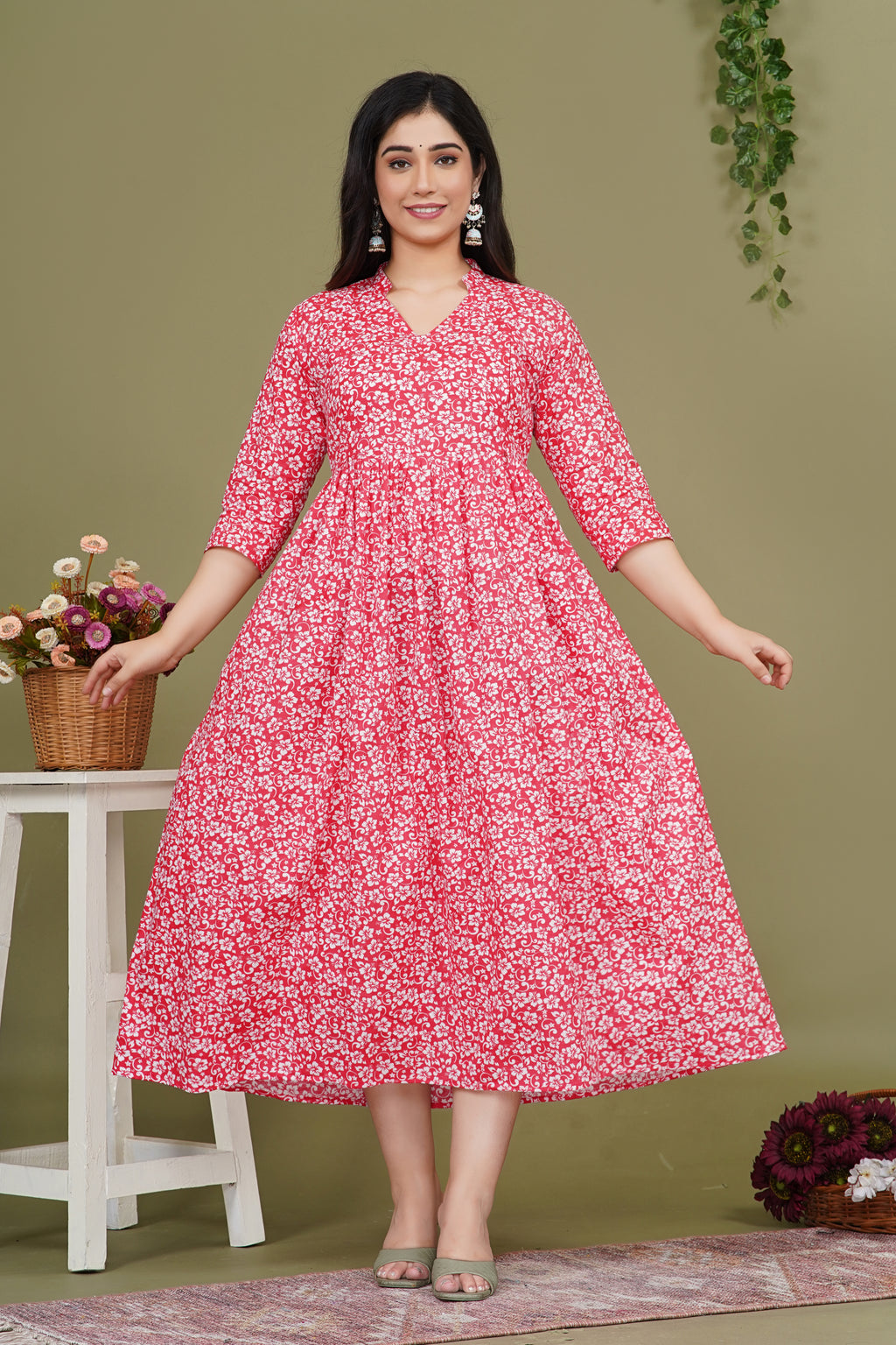 Pure Cotton Maternity Dress With Both-Side Hidden Zip  - Red