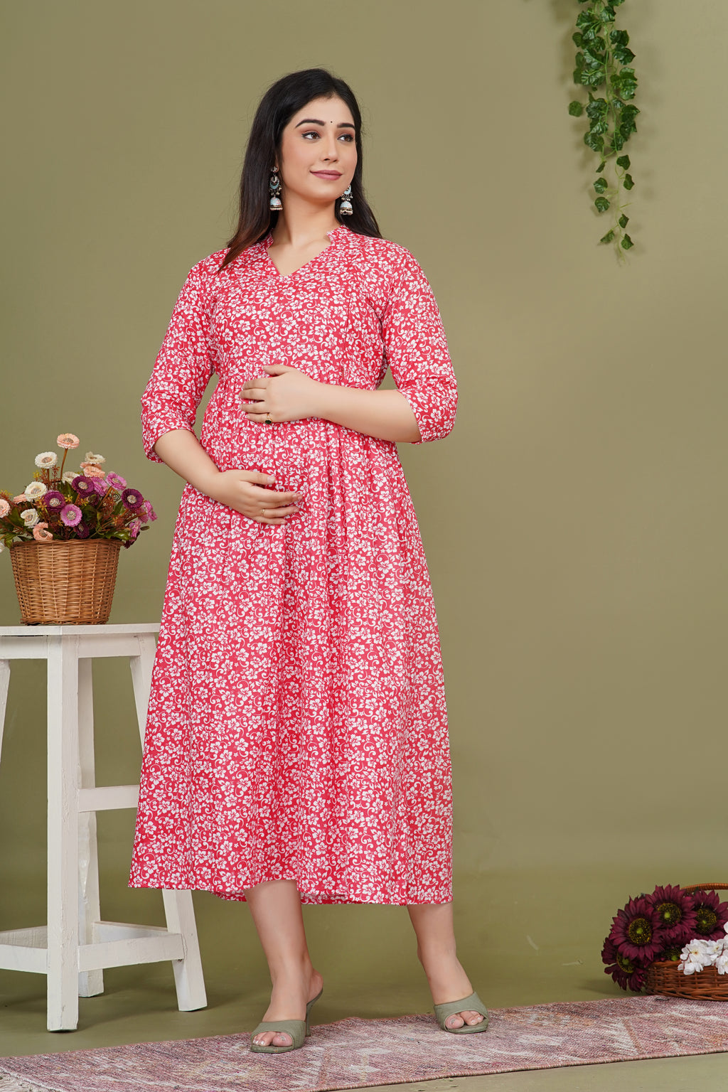 Pure Cotton Maternity Dress With Both-Side Hidden Zip  - Red