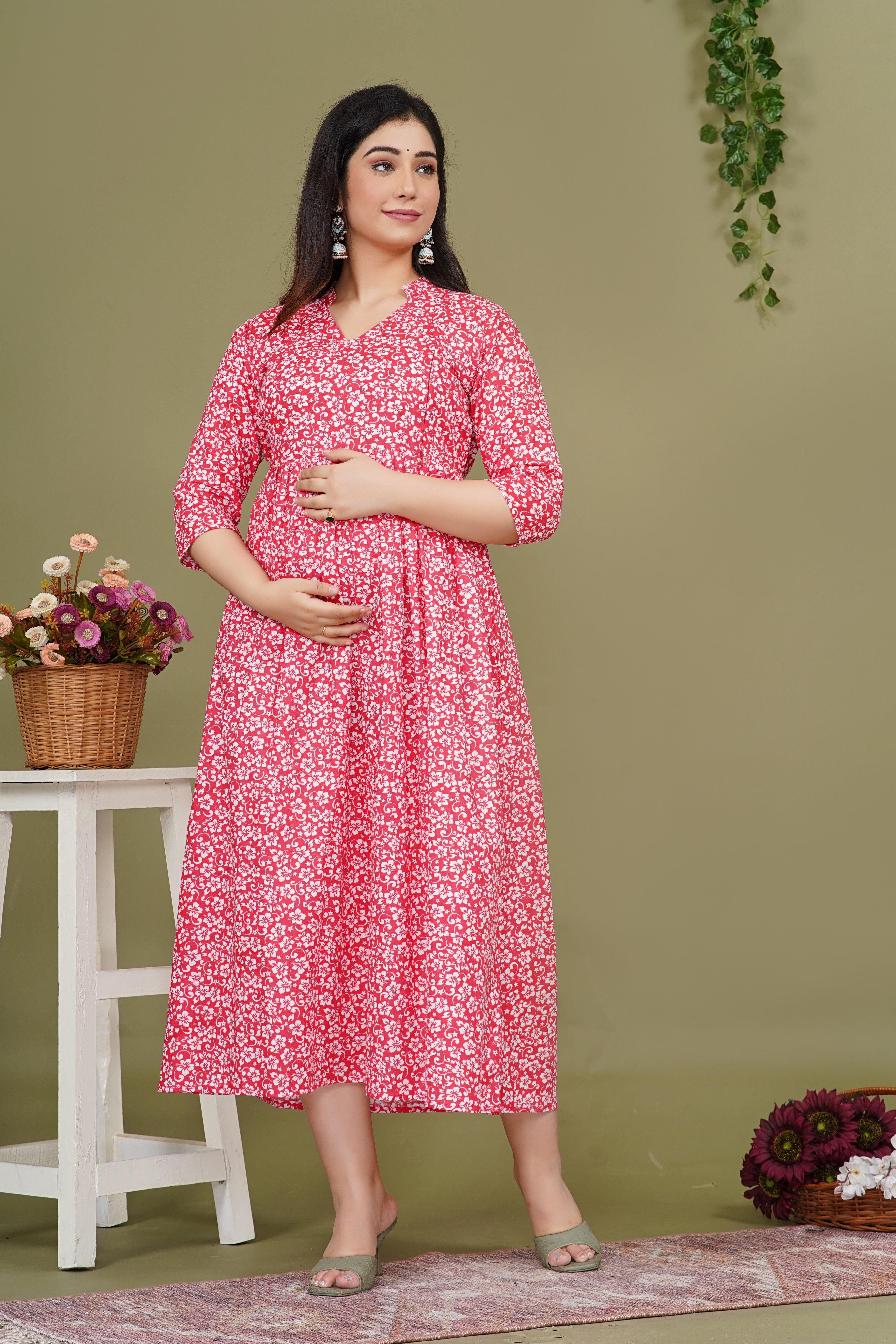 Pure Cotton Maternity Dress With Both-Side Hidden Zip  - Red