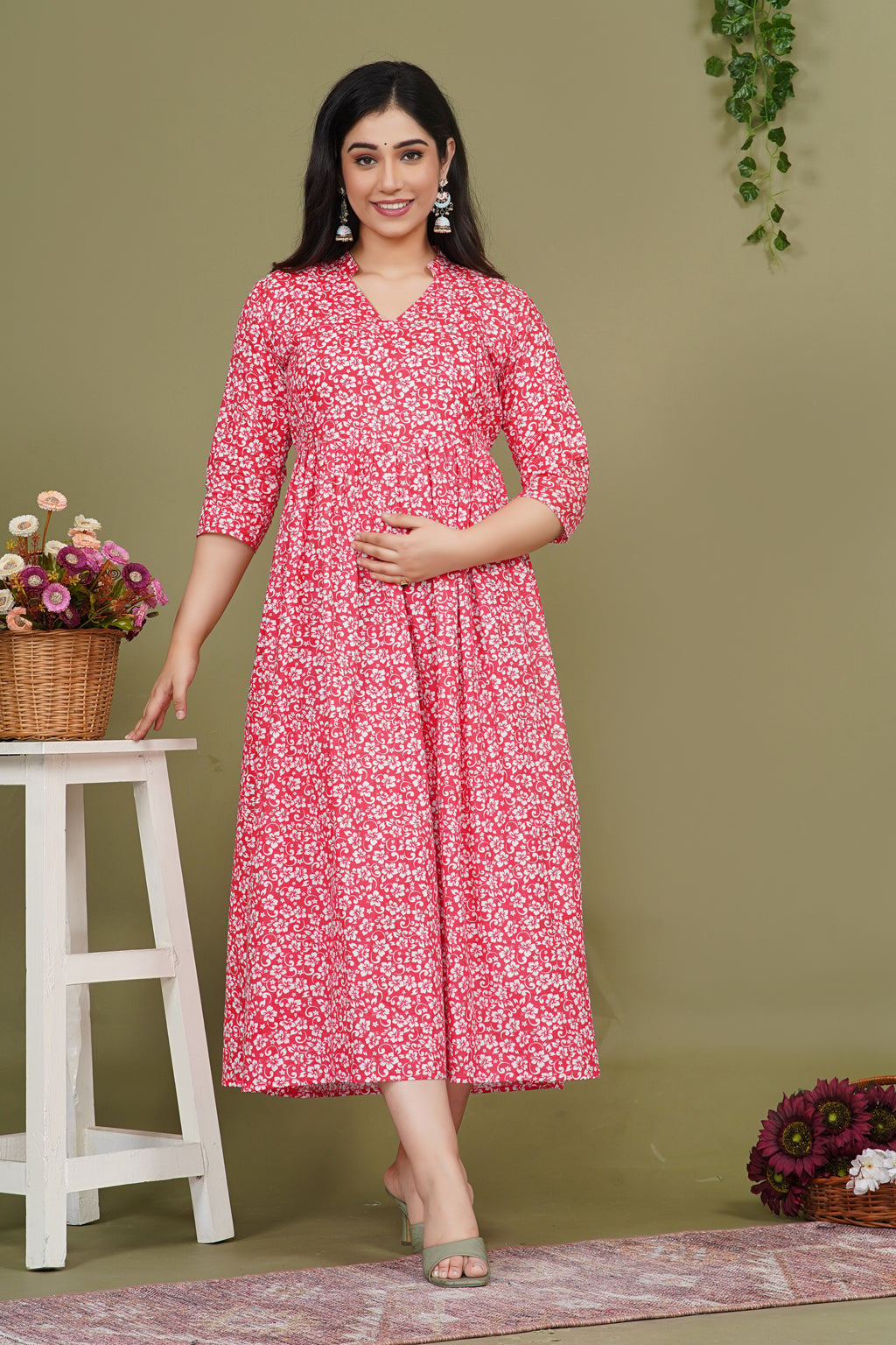 Pure Cotton Maternity Dress With Both-Side Hidden Zip  - Combo ocean|black|red