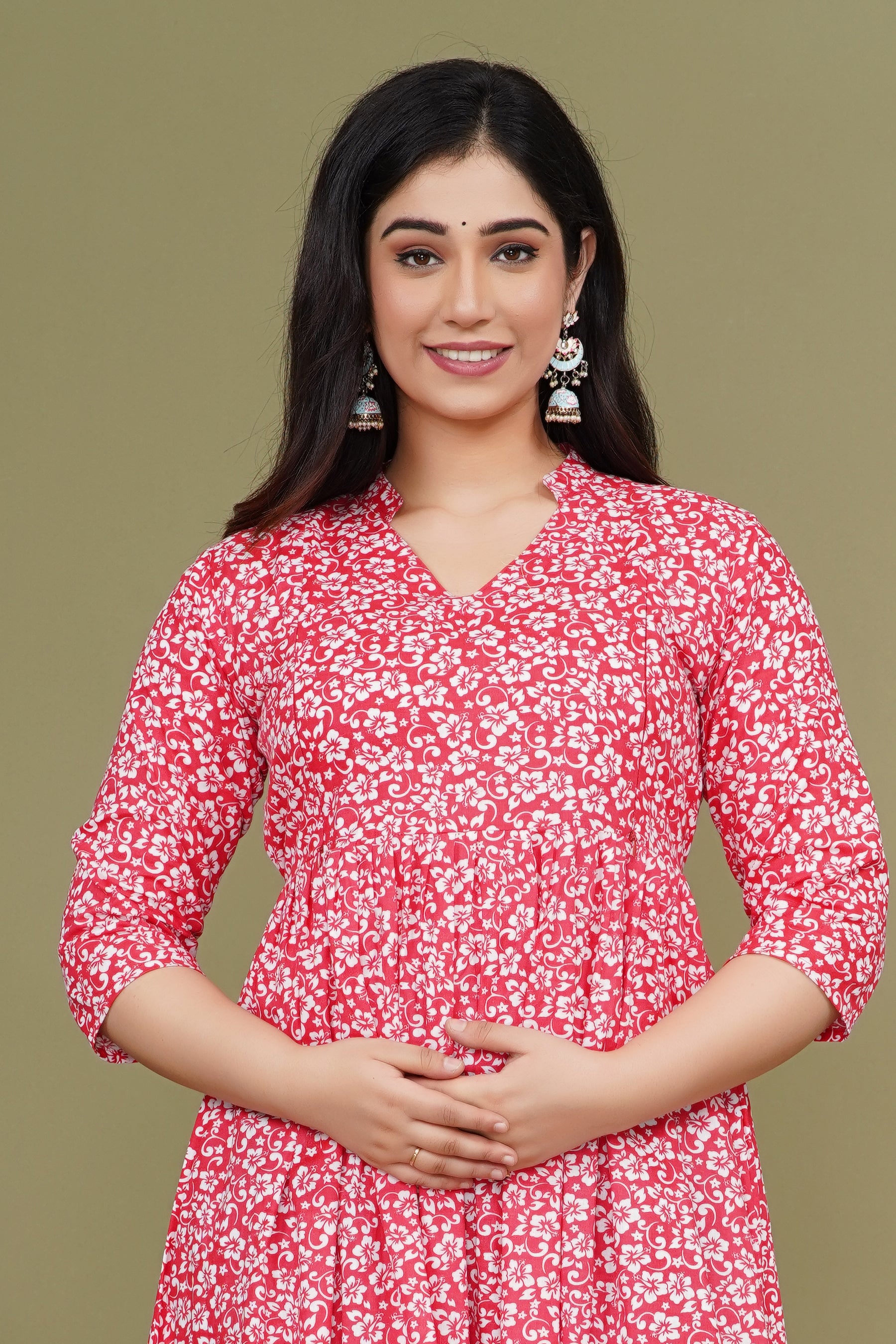 Pure Cotton Maternity Dress With Both-Side Hidden Zip  - Red