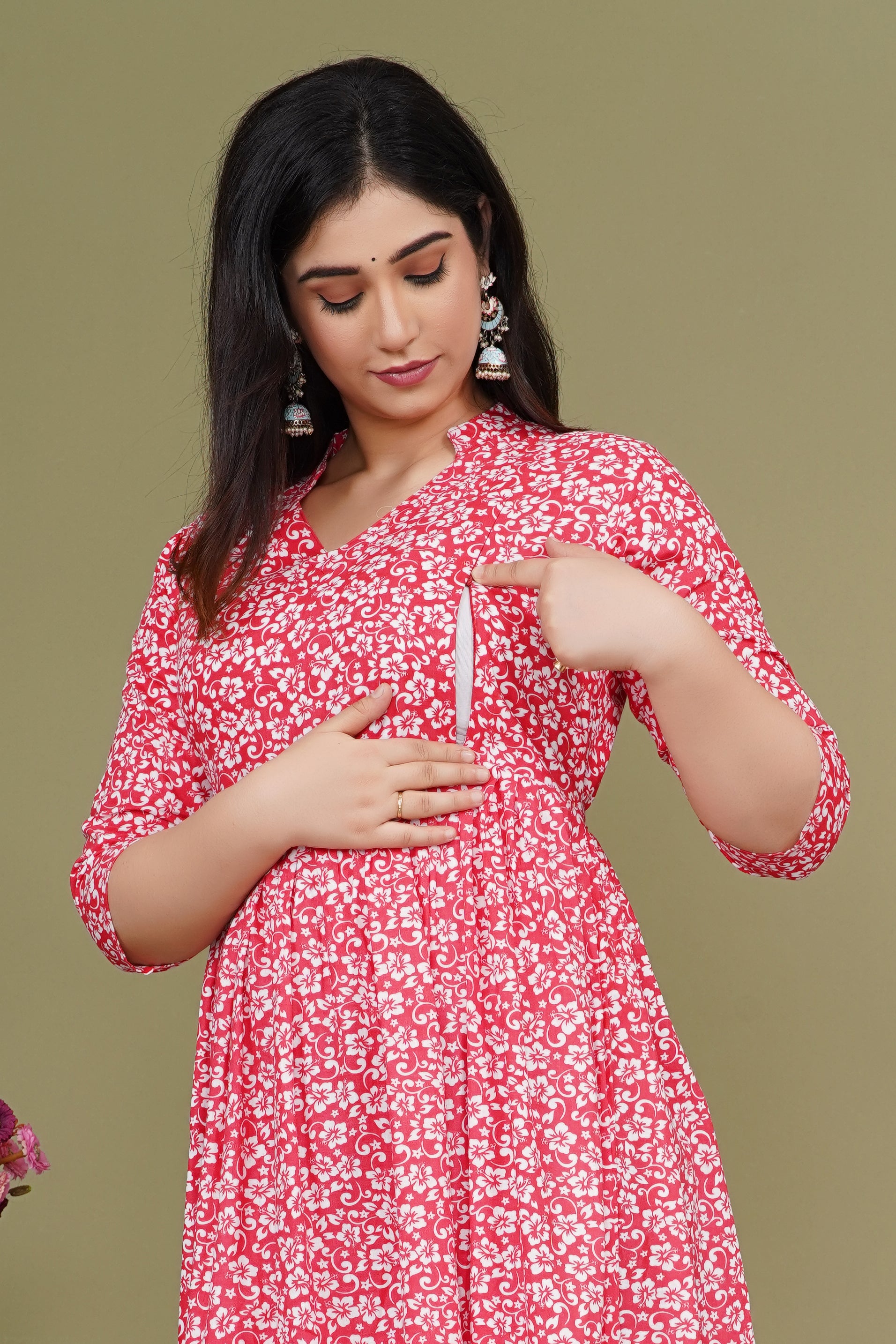 Pure Cotton Maternity Dress With Both-Side Hidden Zip  - Red