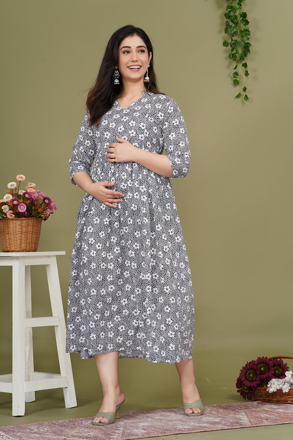 Pure Cotton Maternity Dress With Both-Side Hidden Zip  - Black