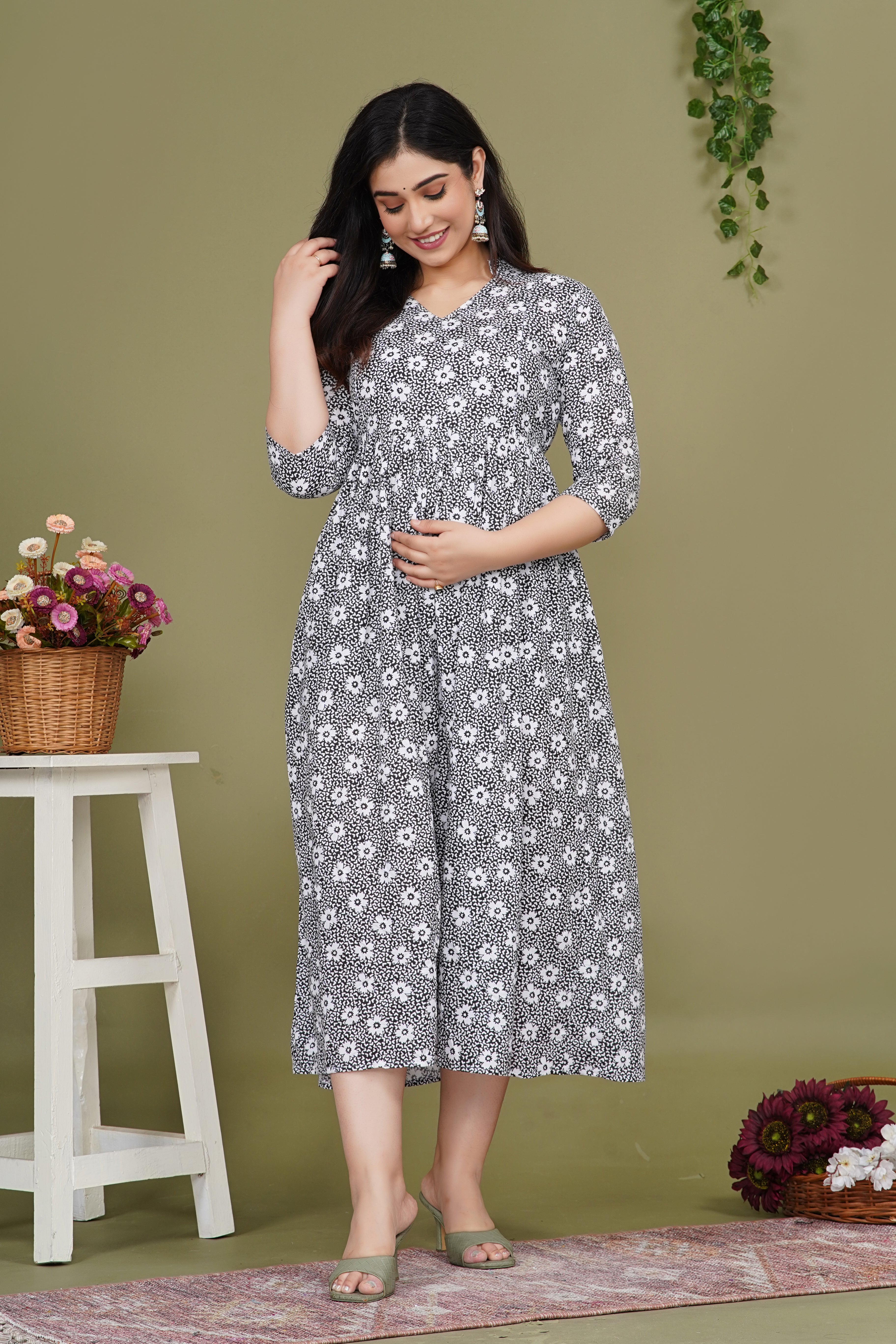 Pure Cotton Maternity Dress With Both-Side Hidden Zip  - Black