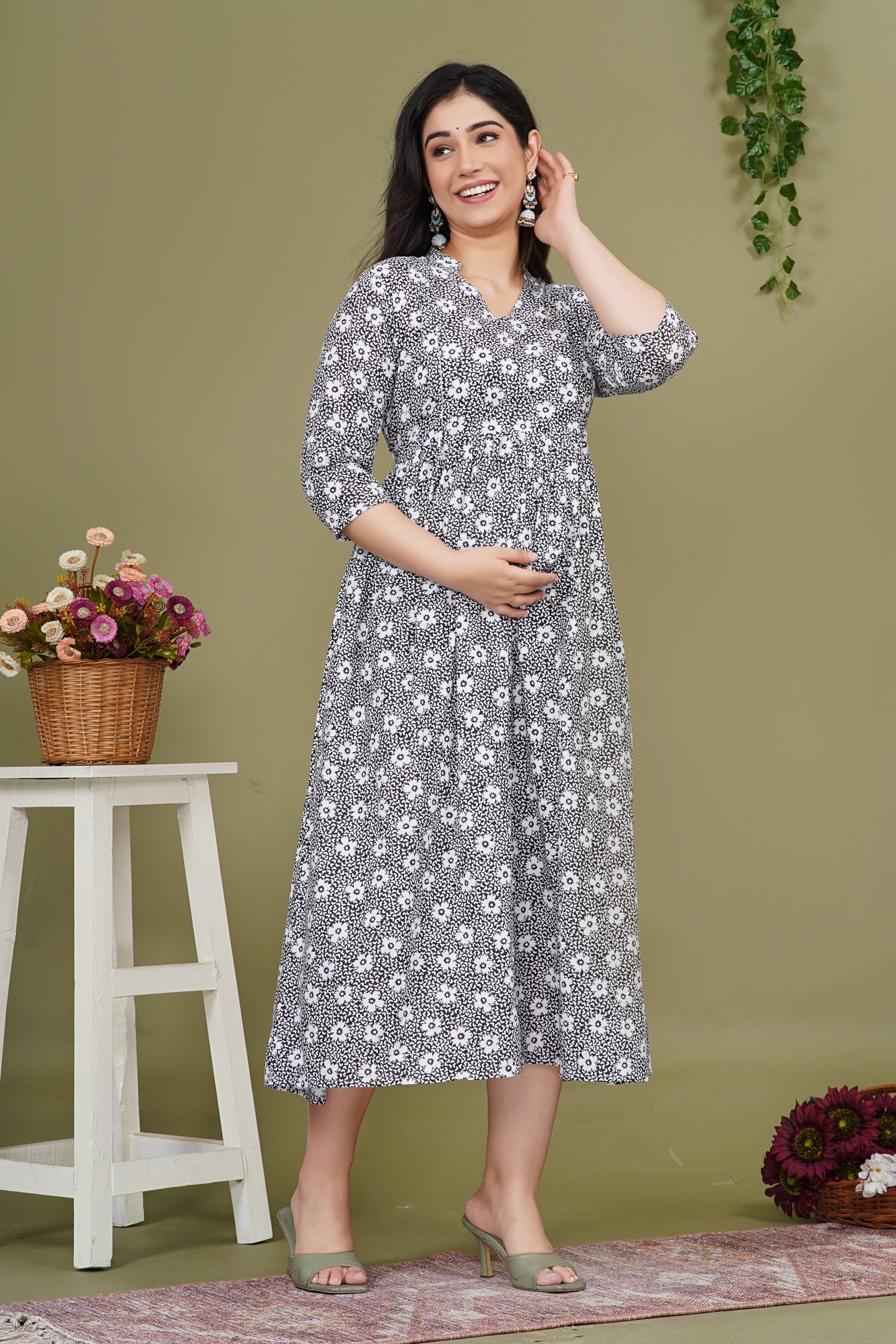 Pure Cotton Maternity Dress With Both-Side Hidden Zip  - Black
