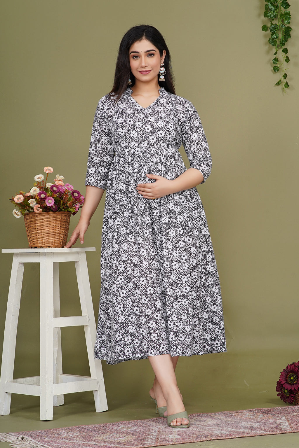 Pure Cotton Maternity Dress With Both-Side Hidden Zip  - Black