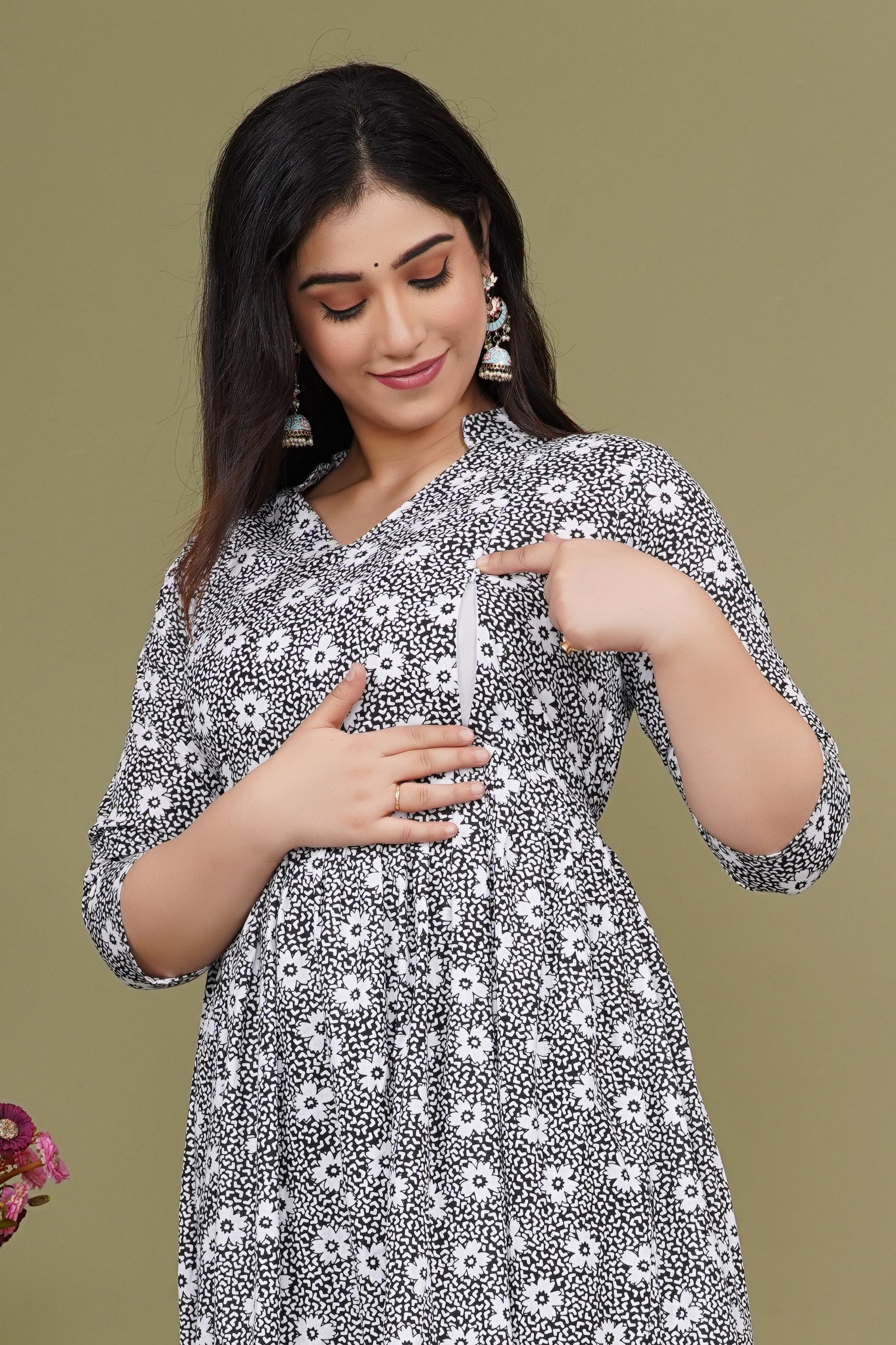 Pure Cotton Maternity Dress With Both-Side Hidden Zip  - Black